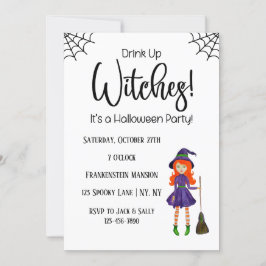 Drink Up Witches White Halloween Party Invitation Kaart