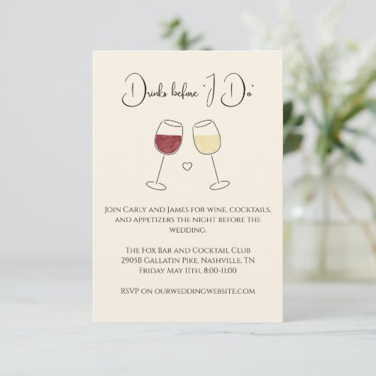 Drink voordat ik doe rode witte wijn bruiloft repe kaart (Staand voorkant)