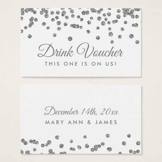 Drink Voucher Zilver Faux Glitter Confetti Wit Visitekaartjes (Voorkant /achterkant)