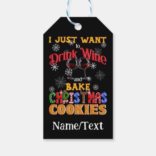 Drink Wijn Bakken Kerstkoekjes, Feestelijke Xmas Cadeaulabel (Voorkant)