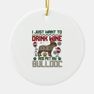 Drink Wijn Bulldog Hond Lelijke Trui Kerstman Hoed Keramisch Ornament