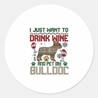 Drink Wijn Bulldog Hond Lelijke Trui Kerstman Hoed Ronde Sticker