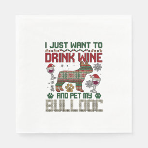 Drink Wijn Bulldog Hond Lelijke Trui Kerstman Hoed Servet