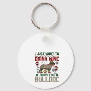 Drink Wijn Bulldog Hond Lelijke Trui Kerstman Hoed Sleutelhanger