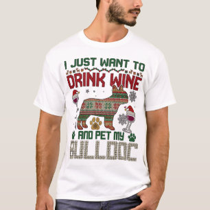 Drink Wijn Bulldog Hond Lelijke Trui Kerstman Hoed T-shirt
