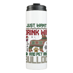 Drink Wijn Bulldog Hond Lelijke Trui Kerstman Hoed Thermosbeker