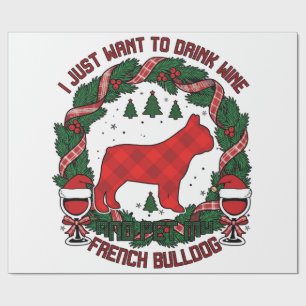 Drink Wijn Franse Bulldog Hond Rood Geruit Kerstfe Cadeaupapier