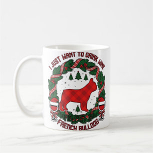 Drink Wijn Franse Bulldog Hond Rood Geruit Kerstfe Koffiemok