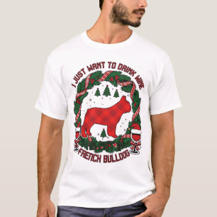 Drink Wijn Franse Bulldog Hond Rood Geruit Kerstfe T-shirt