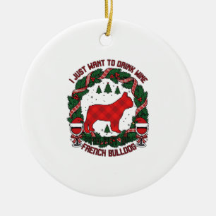 Drink Wijn Franse Bulldog Hond Rood Geruit Kerstmi Keramisch Ornament