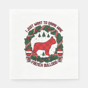 Drink Wijn Franse Bulldog Hond Rood Geruit Kerstmi Servet