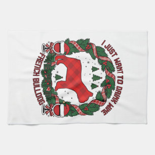 Drink Wijn Franse Bulldog Hond Rood Geruit Kerstmi Theedoek