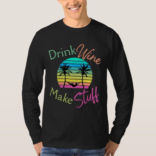 Drink wijn maken spullen zonsondergang met palmbom t-shirt (Voorkant)