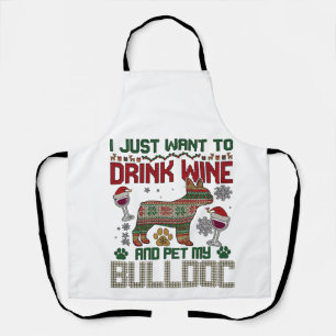 Drink Wine Bulldog Hond Lelijke Trui Kerstman Hoed Schort