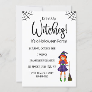 Drink Witches White Halloween Party Invitation Kaart