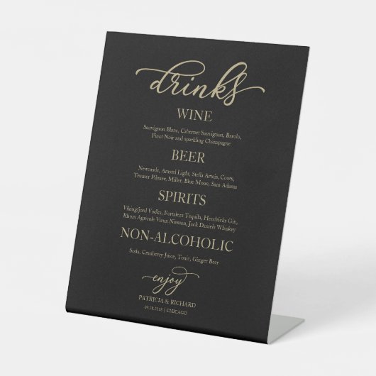 Drinken Bar Gold Script Black Wedding Sign Reclamebord Met Voetstuk (Voorkant)