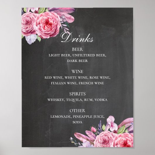 Drinken bar voor Chalkboard bruiloft. Bloemen en v Poster (Voorkant)