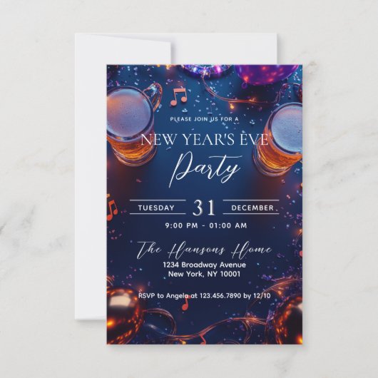 Drinken en Confetti Blue New Year's Eve Party Kaart (Voorkant)