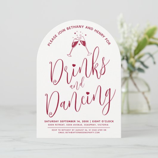 Drinken en dansen Post Wedding Script Wijnrood Kaart (Staand voorkant)