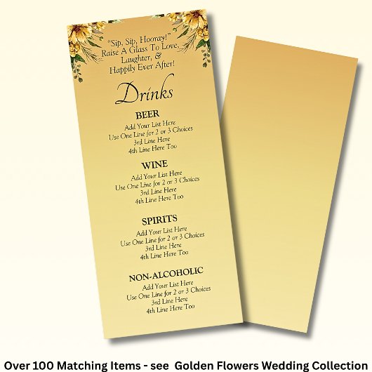 Drinken Menu Kaart - Golden Flowers Wedding Set