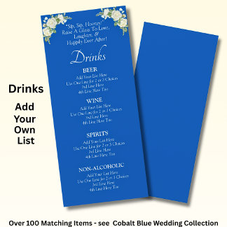 Drinken Menu Kaart - Kobalt Blauw & Wit Rozen