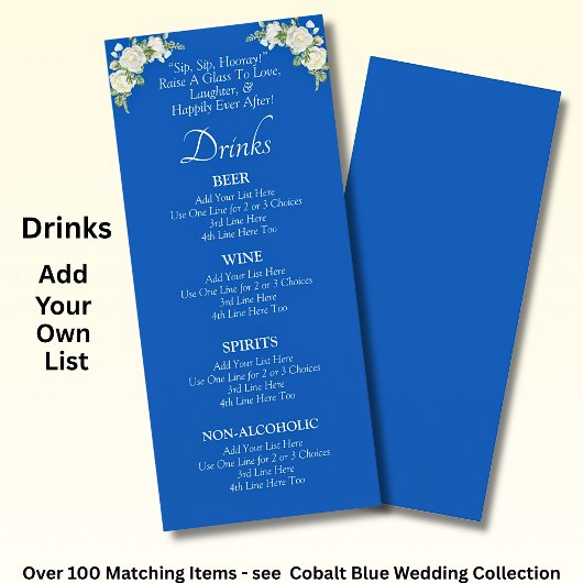 Drinken Menu Kaart - Kobalt Blauw & Wit Rozen