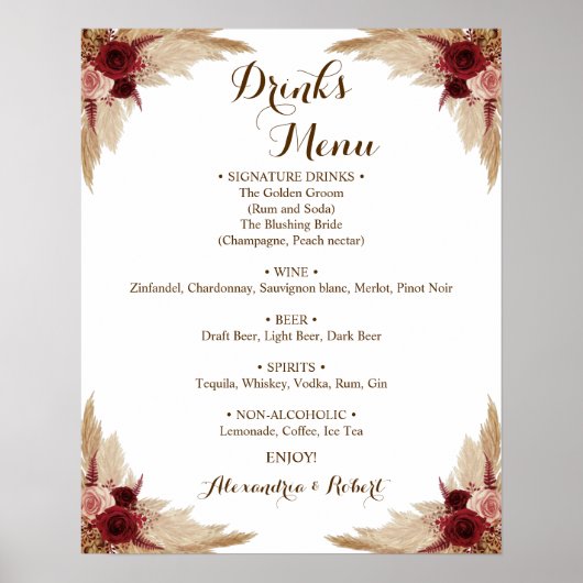 Drinken Menu Pampas Grass Bridal Wedding Poster (Voorkant)