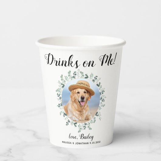 Drinken op me Open Bar Foto Eucalyptus Wedding Papieren Bekers (Achterkant)