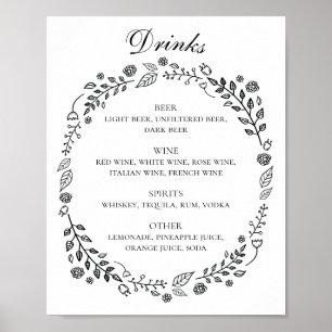 Drinken staaf met zwarte en witte florale bruinkoo poster