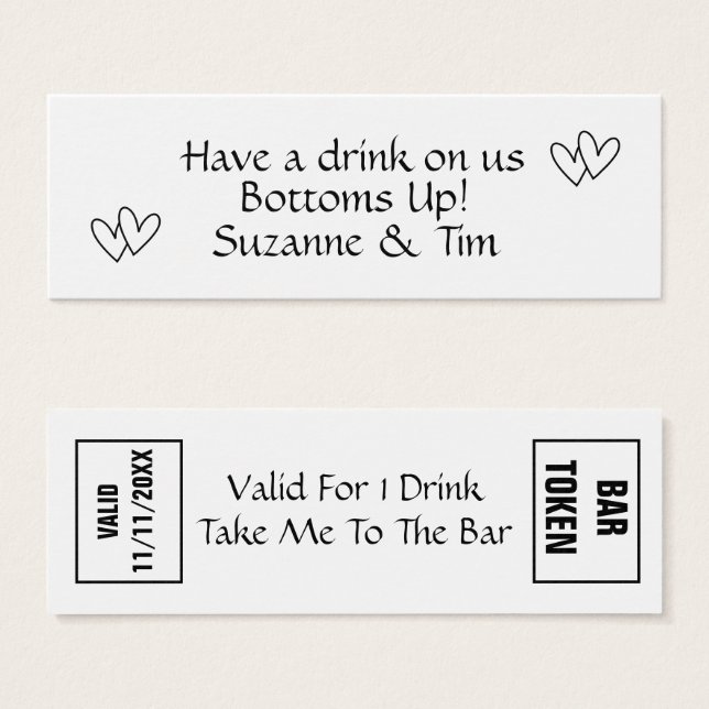 Drinken token - Heb een Drink op ons! Bruiloften,  Mini Visitekaartjes (Voorkant /achterkant)
