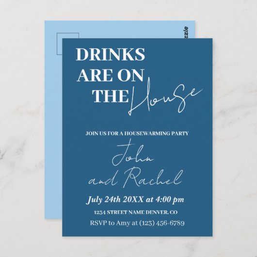Drinken zijn op het House Housewarming Party Blauw Briefkaart (Voorkant / Achterkant)