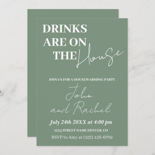 Drinken zijn op het huis housewarming party groen kaart (Voorkant / Achterkant)
