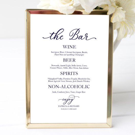 Drinks Bar Navy Blauwe Calligrafie Huwelijk Bord Poster