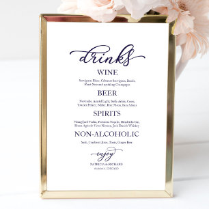 Drinks Bar Navy Blauwe Script Trouw Teken Poster