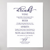 Drinks Bar Navy Blauwe Script Trouw Teken Poster (Voorkant)