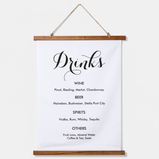 Drinks Menu Bruiloft Zwart Wit  Hangend Wandkleed (Voorkant)
