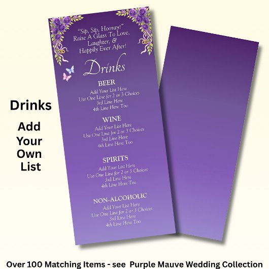 Drinks Menu Card - Purple Mauve Flowers & White
