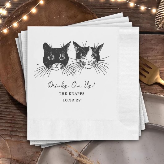 Drinks On Us Custom Cat Drawn Wedding Servet