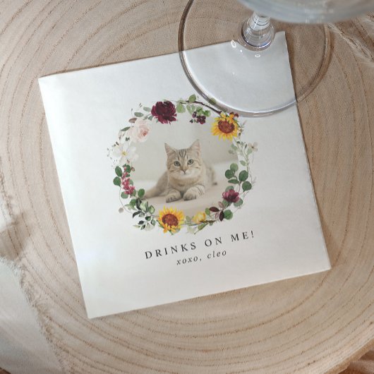 Drinks on Us Modern Cute Pet Photo Floral Wedding Servet