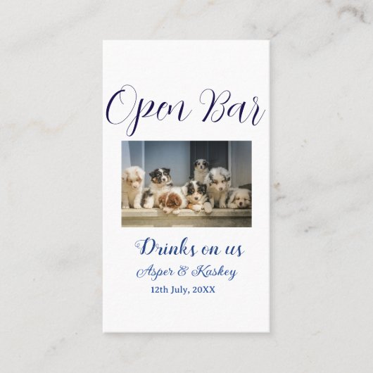 Drinks on us open bar huisdier foto bruidspaar dat visitekaartje (Voorkant)