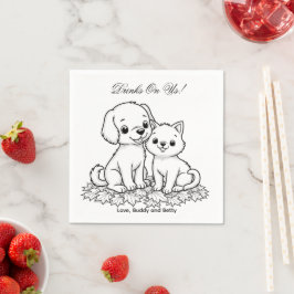 Drinks On Us Simple Drawing Cute Dog & Cat Wedding Servet