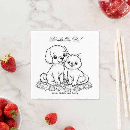Drinks On Us Simple Drawing Cute Dog & Cat Wedding Servet (Insitu)