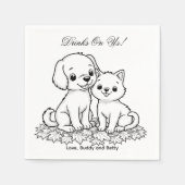 Drinks On Us Simple Drawing Cute Dog & Cat Wedding Servet (Voorkant)