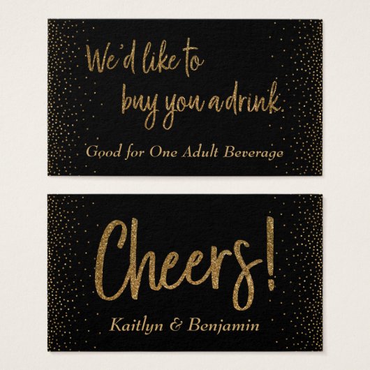 Drinktickets, gouden glitterscript en confetti visitekaartjes (Voorkant /achterkant)
