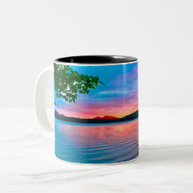 drinkware, zonsondergang over het meer;