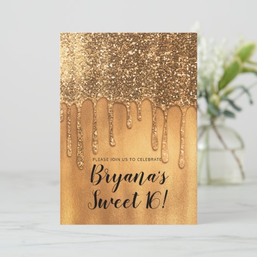 Driping in Gold Honey Glitter Sweet 16 Party Kaart (Staand voorkant)
