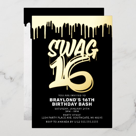Drippin Swag 16 Birthday Folie Uitnodiging (Voorkant / Achterkant)