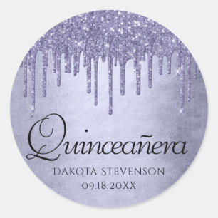 Dripping chique glitter Paarse Quinceanera Ronde Sticker
