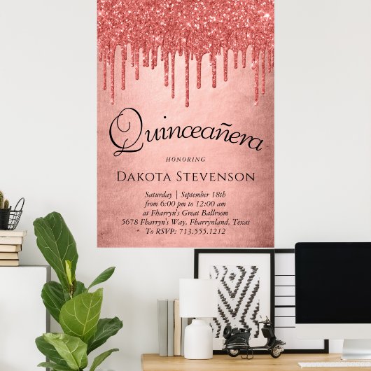 Dripping Coral Glitter | Motregen smelt Quinceaner Poster (Thuiskantoor)