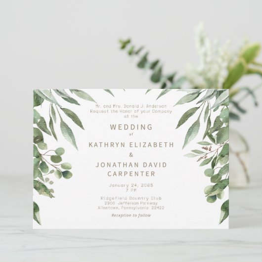 Dripping Eucalyptus Modern Gouden Tekst Bruiloft Kaart (Staand voorkant)